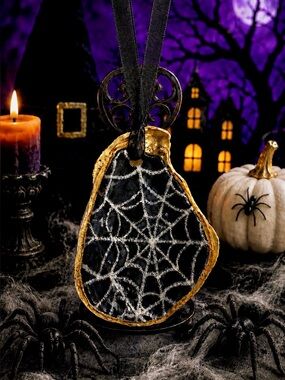 Hand crafted spider web oyster shell bottle ornament black 7”